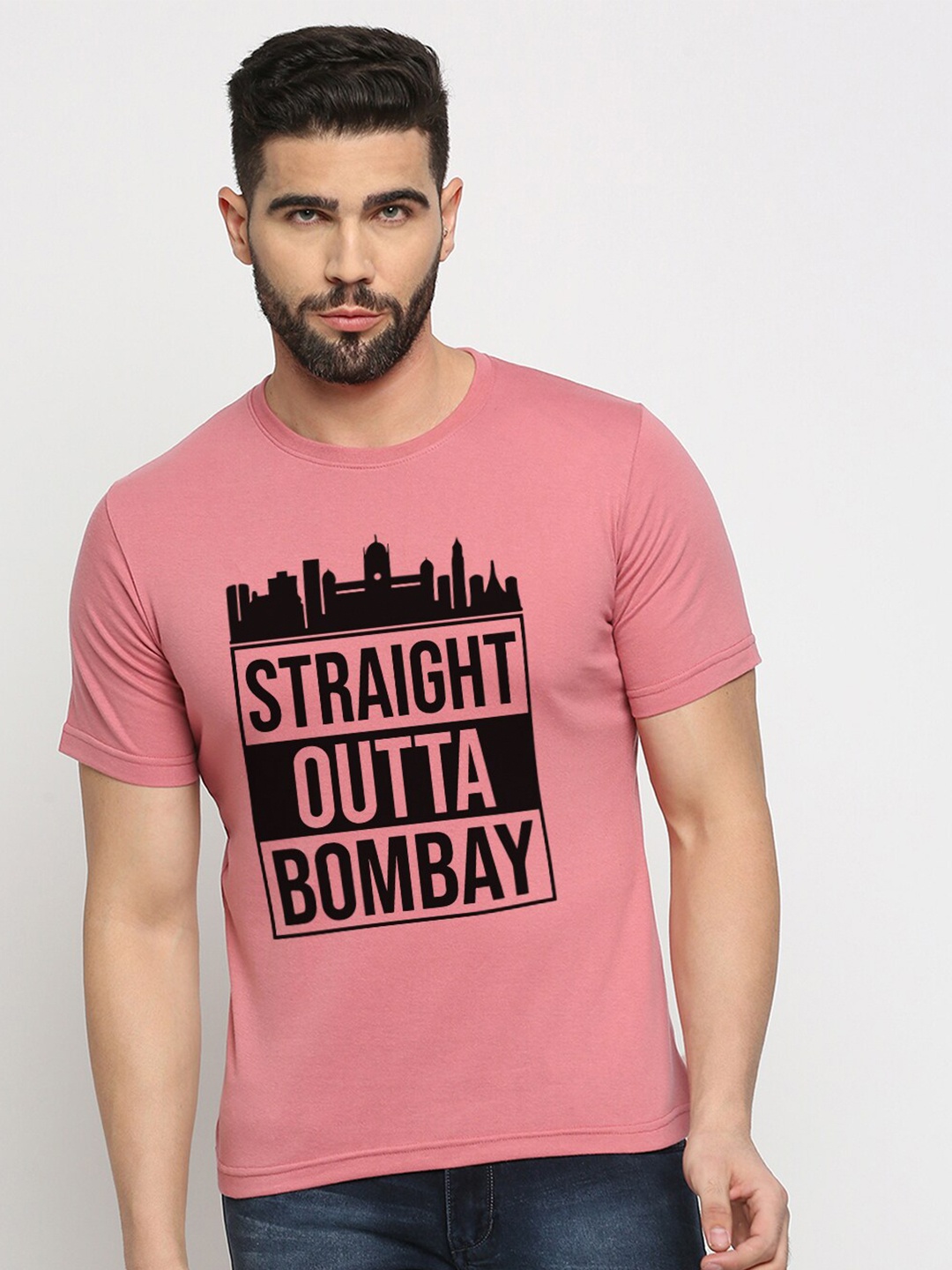 

MOD ECRU Printed Round Neck Short Sleeves Cotton T-shirt, Pink