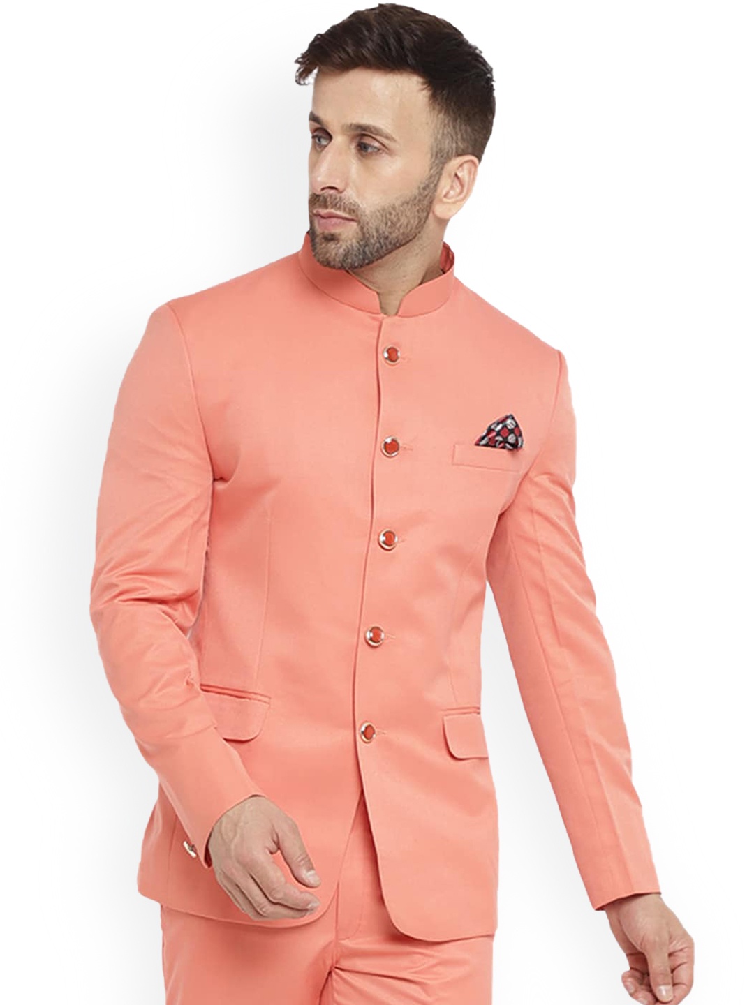 

REFULGENT Mandarin Collar Bandhgala Party Blazers, Peach