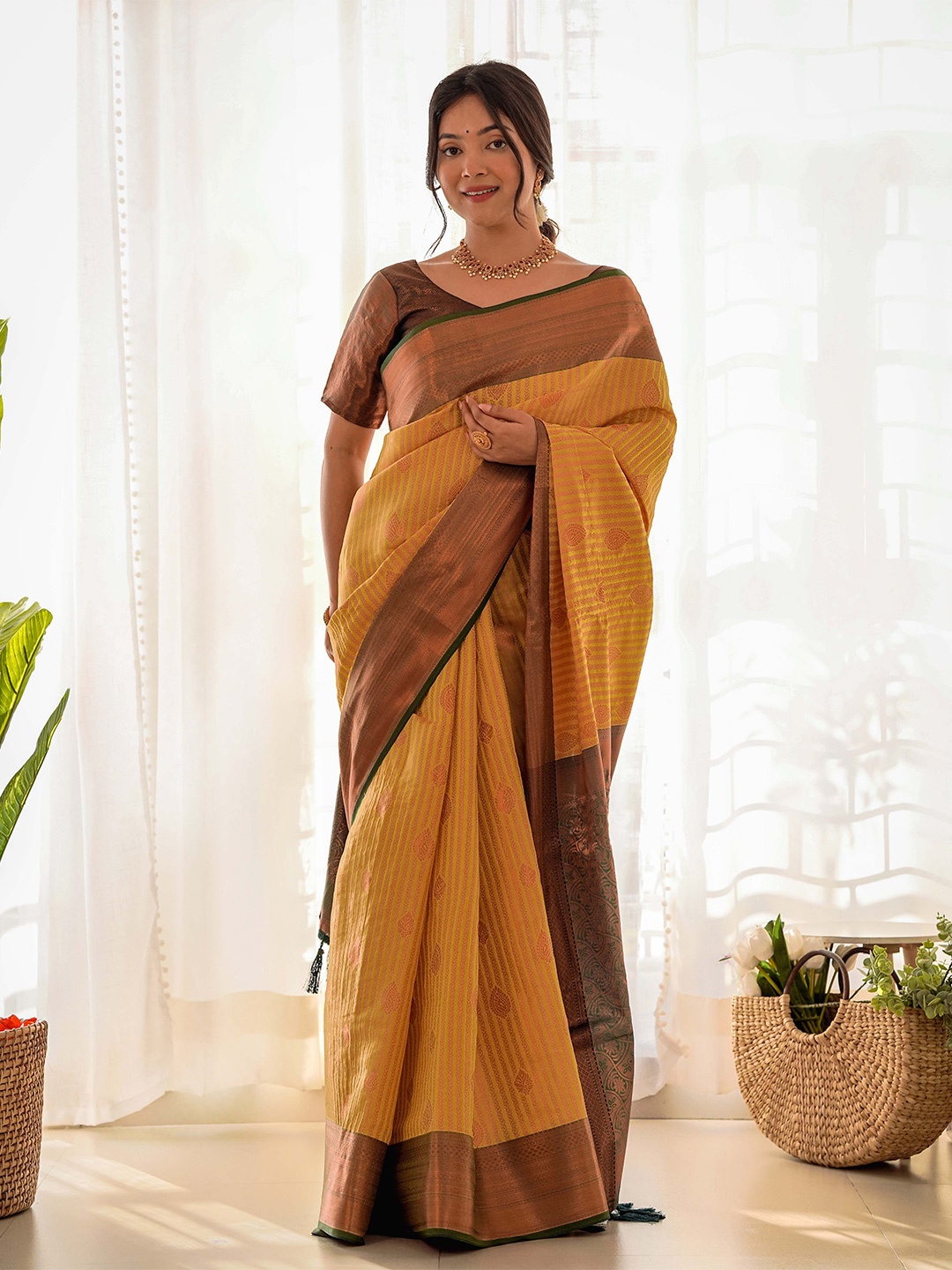 

Mitera Woven Design Zari Silk Blend Kanjeevaram Saree, Mustard