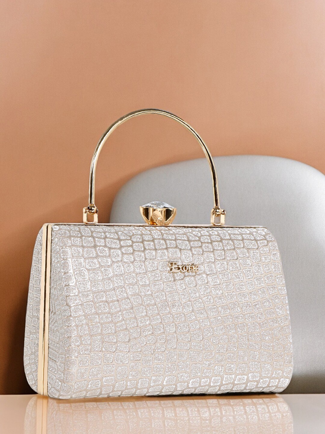 

Exotic Embellished Box Clutch, Silver