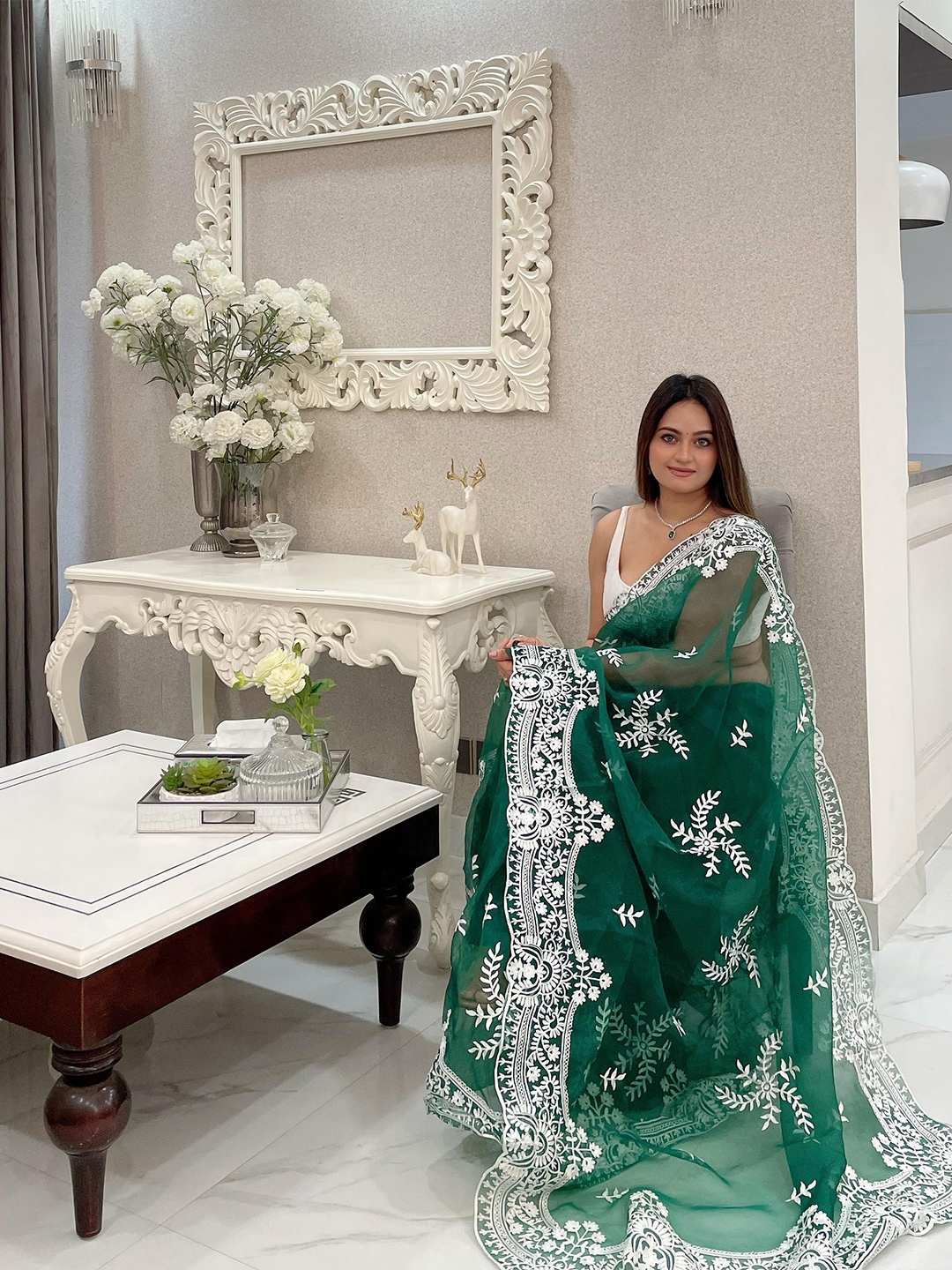 

Mitera Floral Embroidered Organza Saree, Green