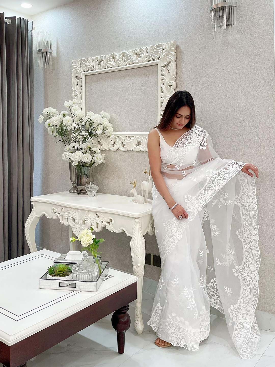 

Mitera Floral Embroidered Organza Saree, White
