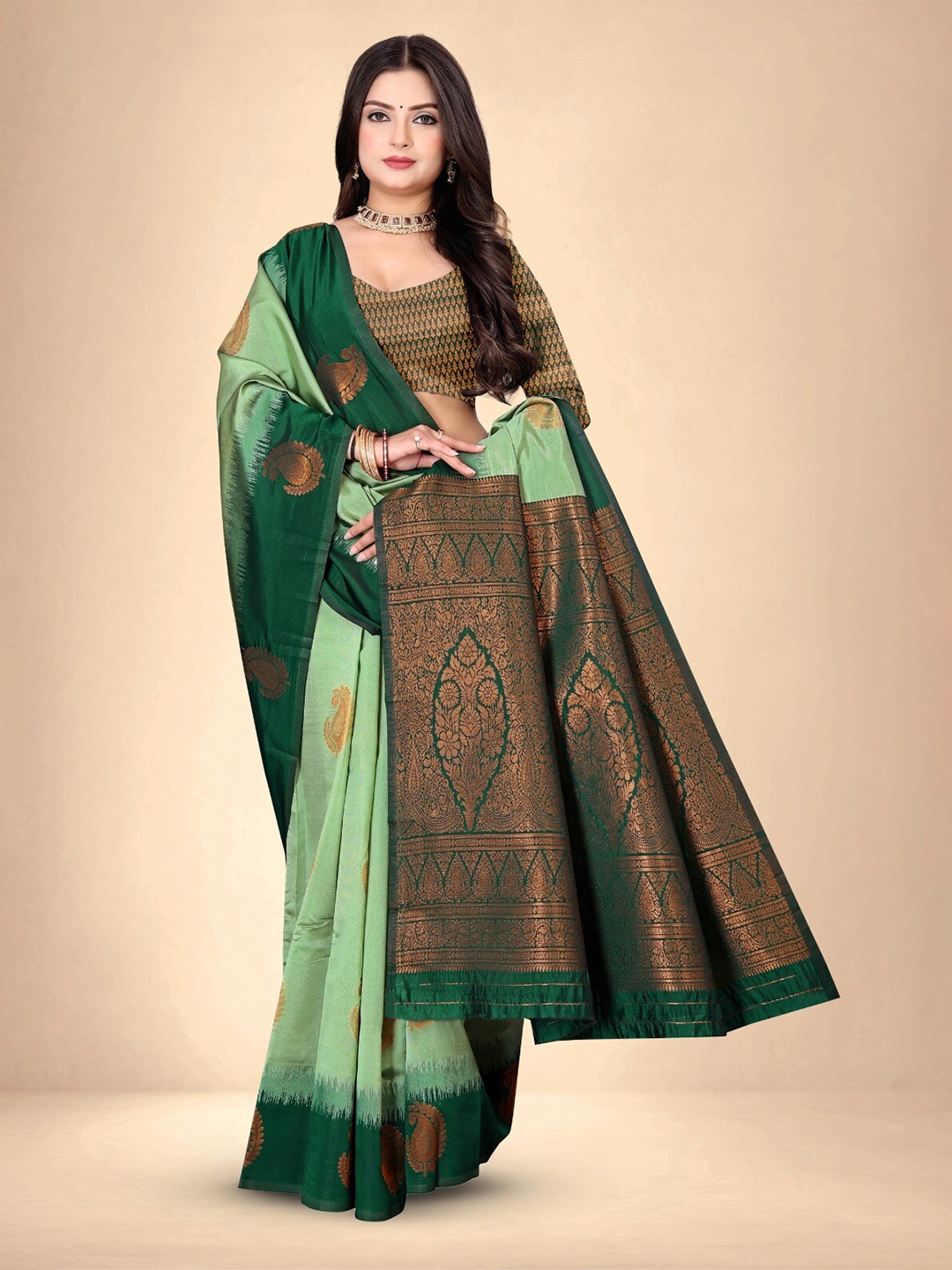 

Abhilasha Woven Design Zari Pure Silk Kanjeevaram Saree, Green