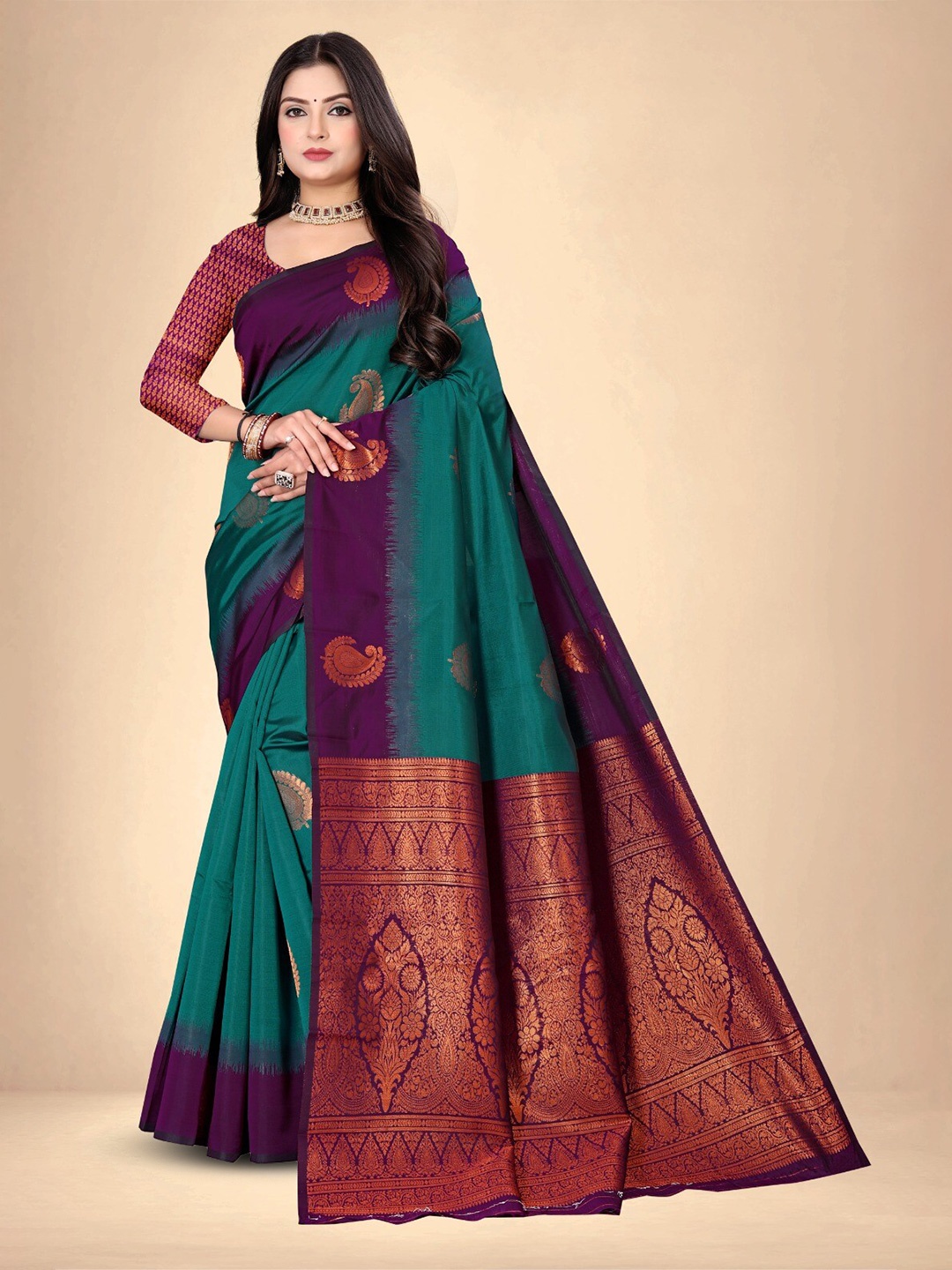 

Abhilasha Ethnic Motifs Zari Pure Silk Kanjeevaram Saree, Sea green