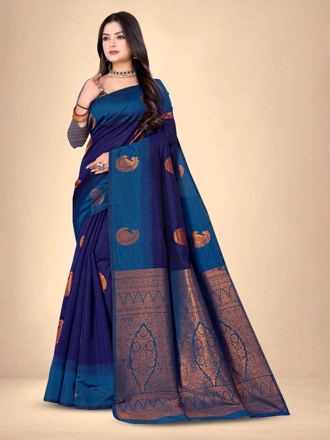 

Abhilasha Ethnic Motifs Zari Pure Silk Kanjeevaram Saree, Navy blue