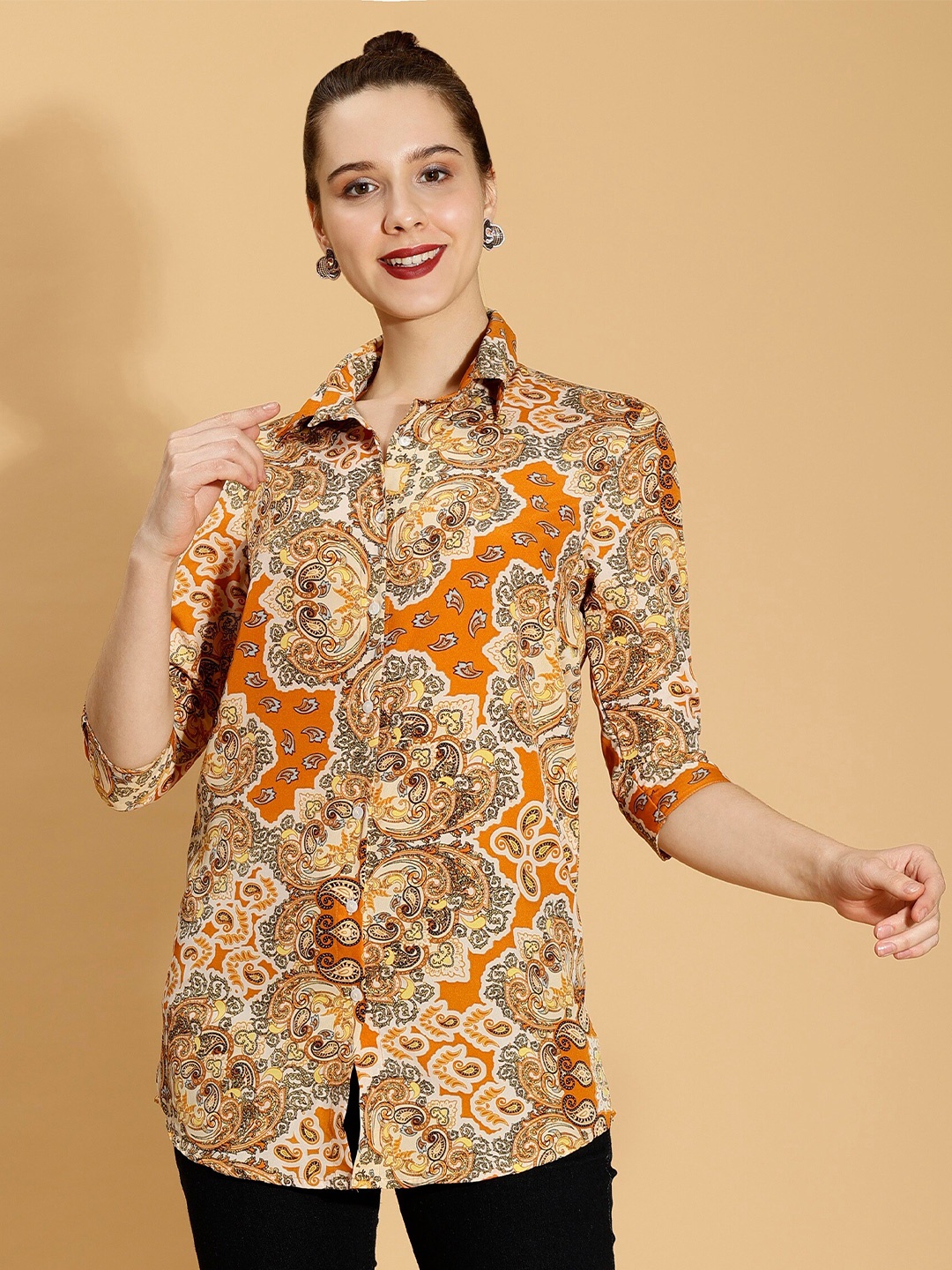 

Sipsew Spread Collar Comfort Ethnic Printed Regular Fit Casual Shirt, Brown