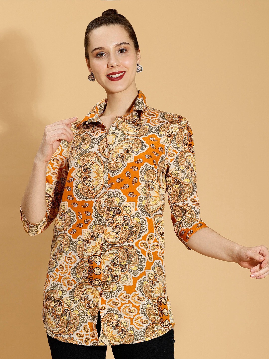 

Sipsew Spread Collar Comfort Ethnic Printed Regular Fit Casual Shirt, Brown
