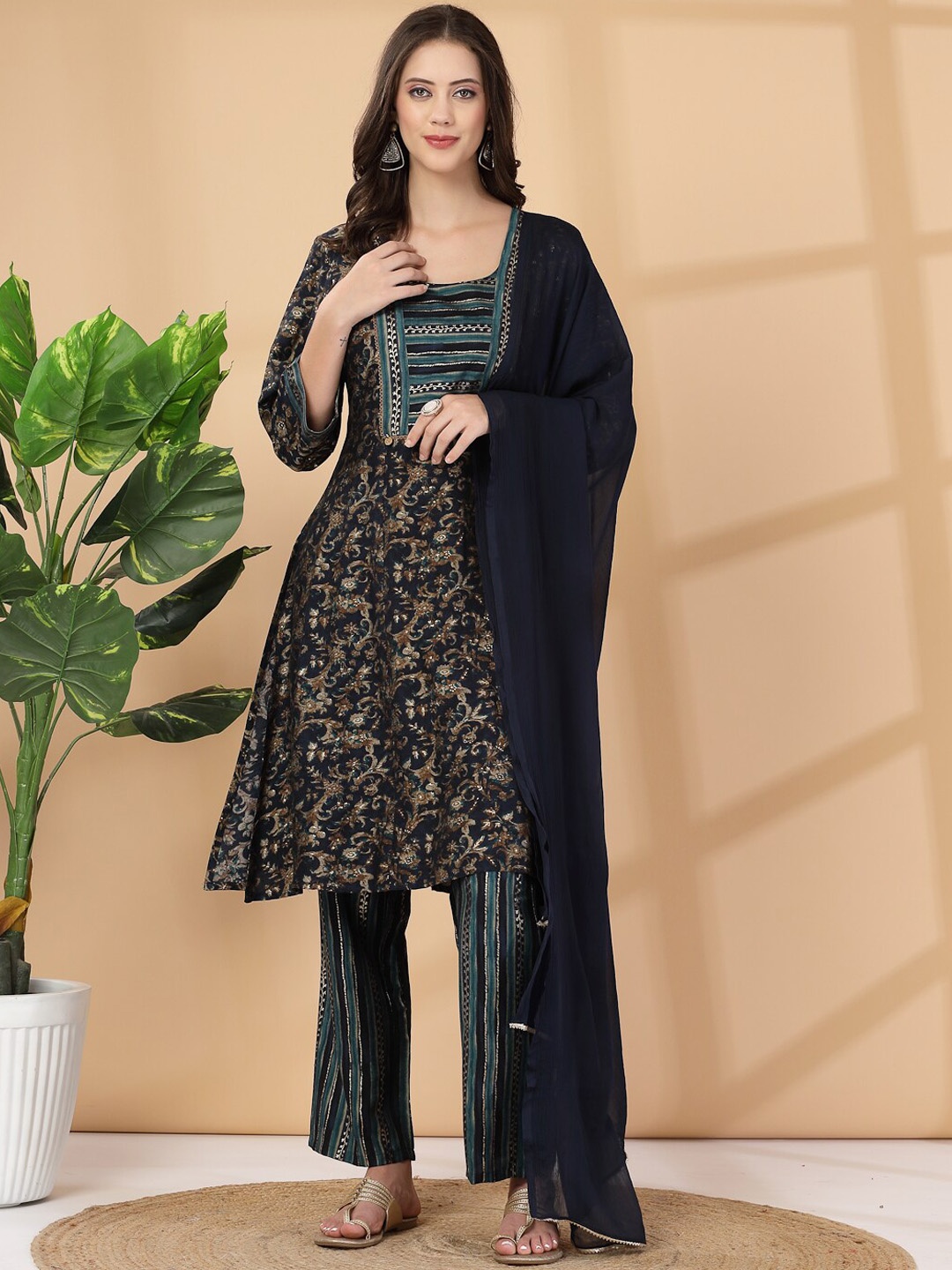 

Nayam By Lakshita Floral Printed Regular Thread Work Kurta with Trouser & Dupatta, Teal