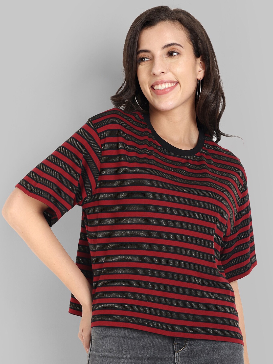 

HEYLAY Striped Printed Drop-Shoulder Sleeves Cotton T-shirt, Red