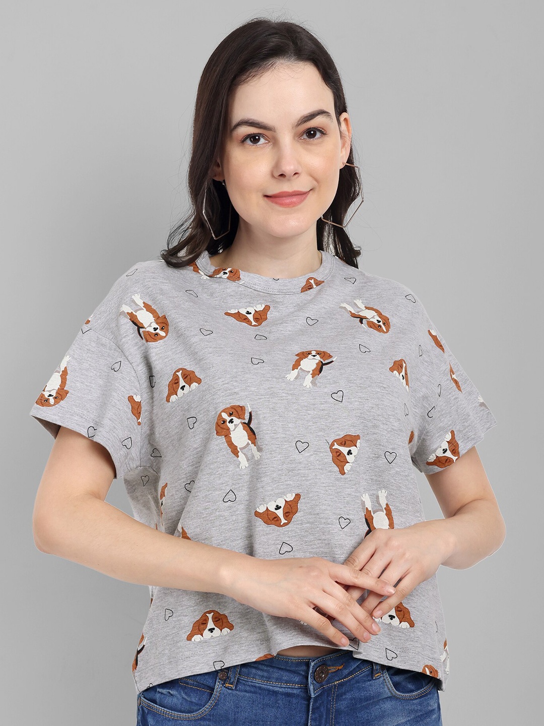 

HEYLAY Round Neck Conversational Printed Cotton T-shirt, Grey melange