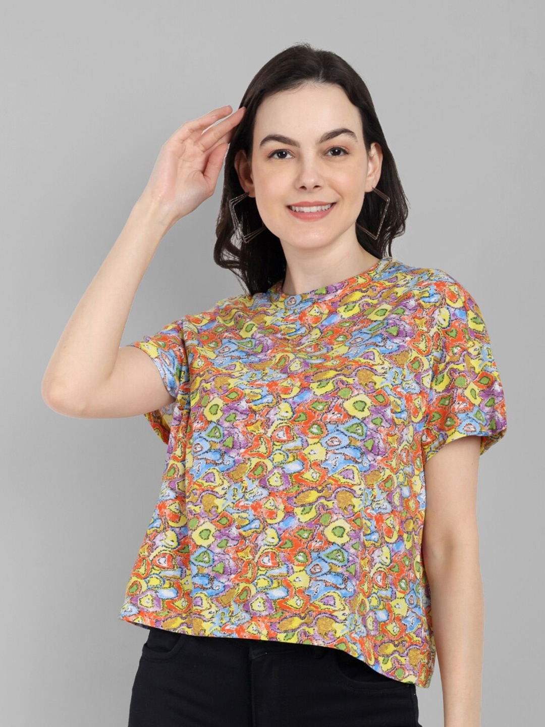 

HEYLAY Floral Printed Round Neck Cotton Regular Fit T-shirt, Blue