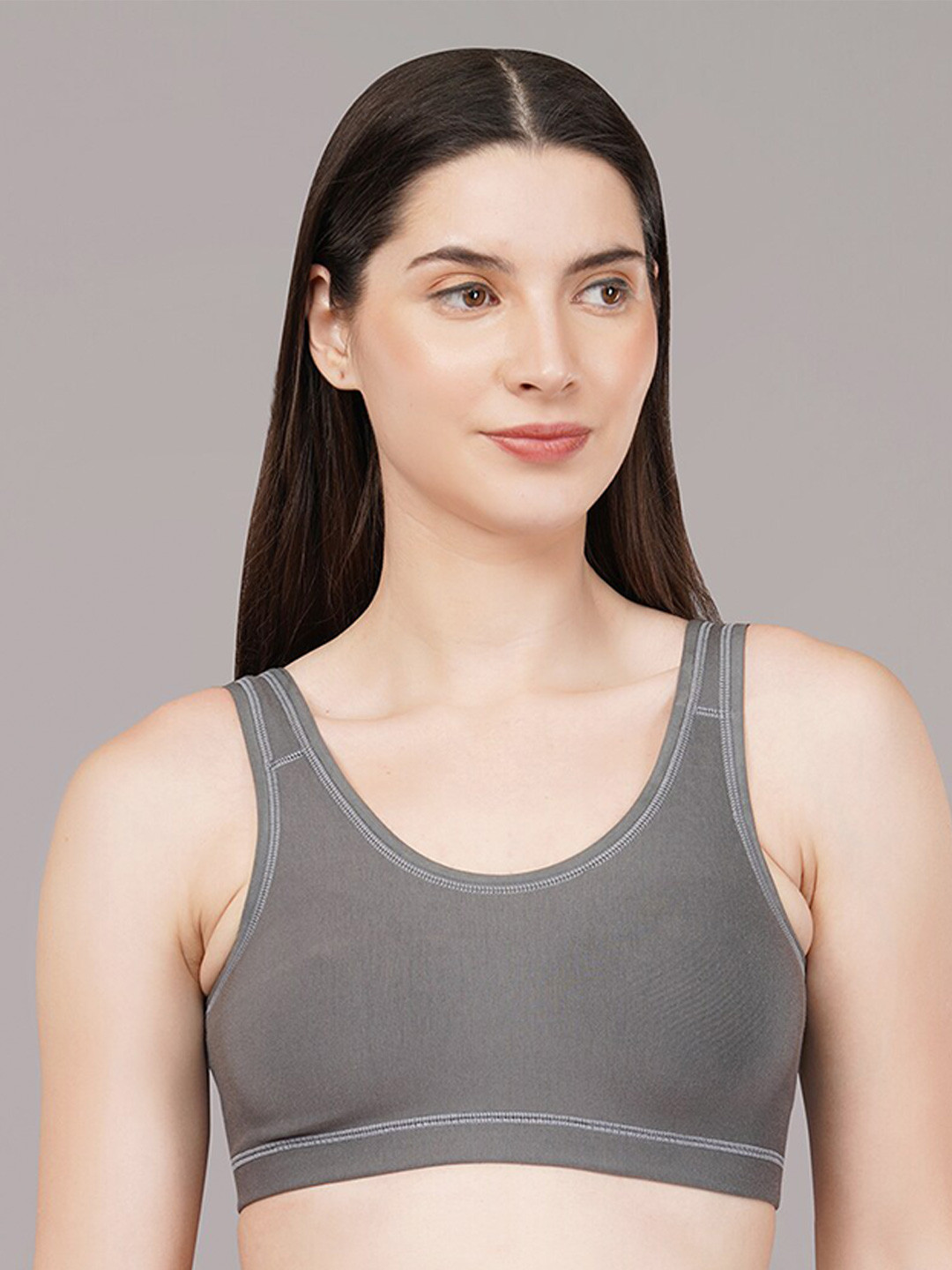 

SELETA Full Coverage Non Padded Workout Bra With Anti Microbial, Grey