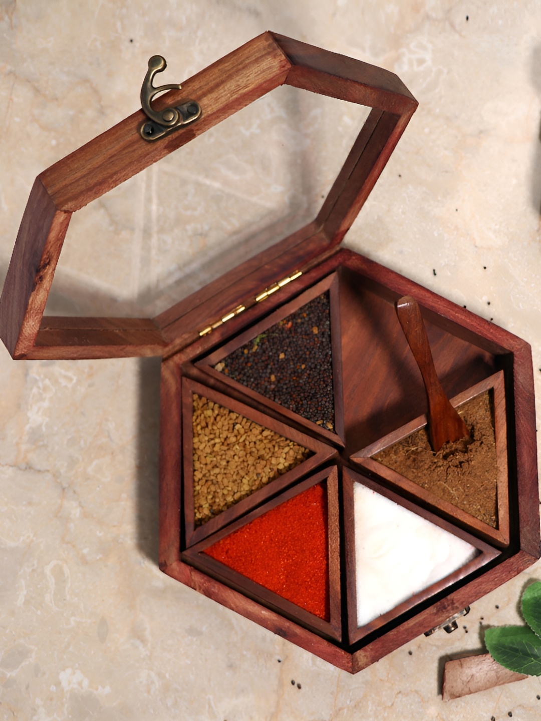 

Designer Library Maroon Wooden Hexagon Shape Spice Box