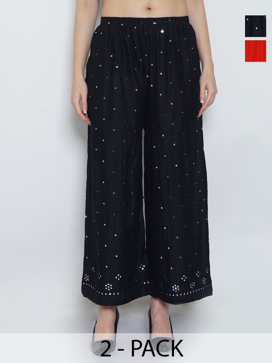 

GRACIT Pack of 2 Embroidered Flared Ethnic Palazzos, Black
