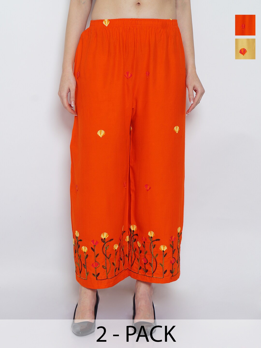 

GRACIT Pack of 2 Embroidered Flared Ethnic Palazzos, Orange