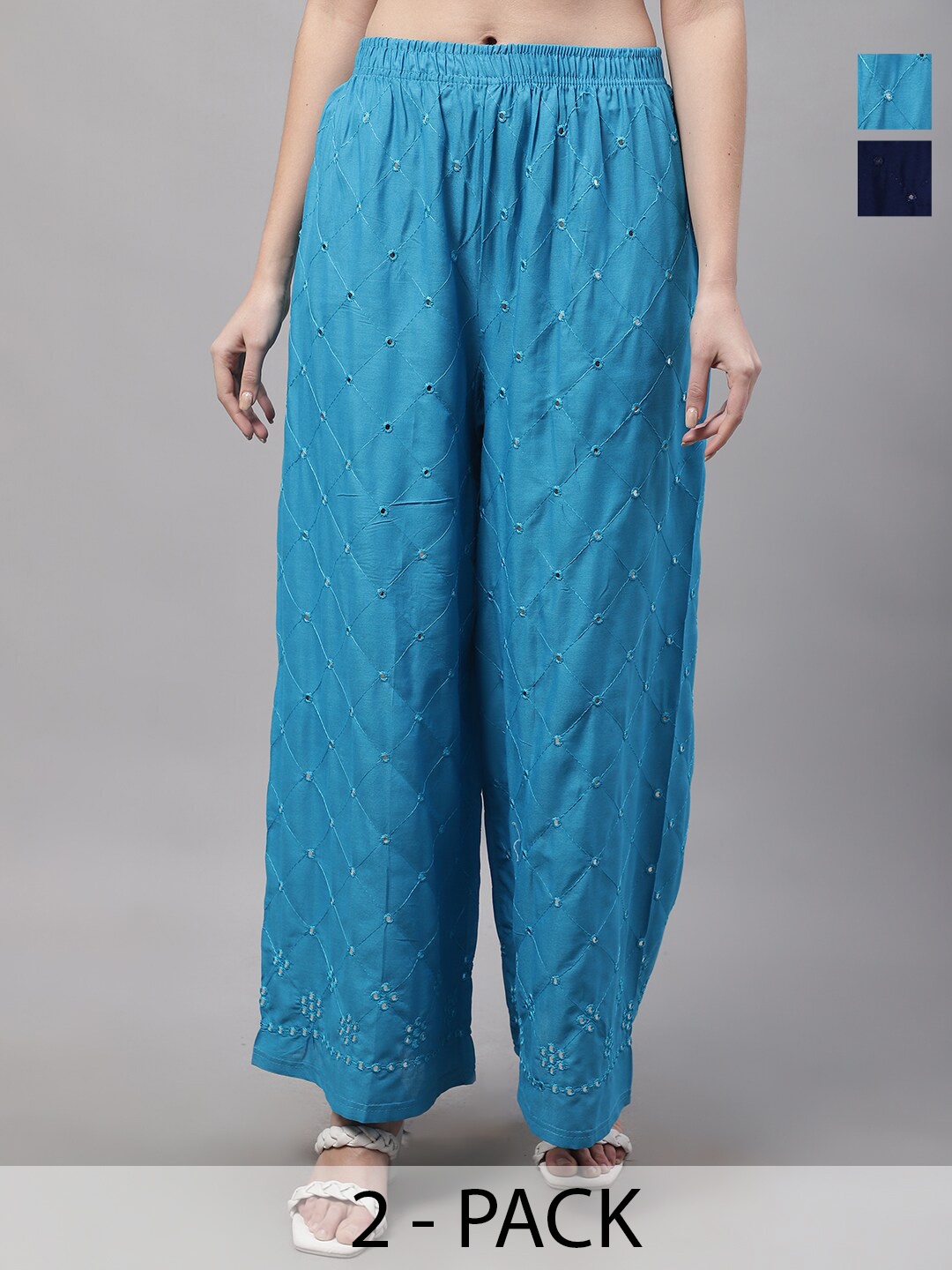 

GRACIT Pack of 2 Embroidered Flared Ethnic Palazzos, Navy blue