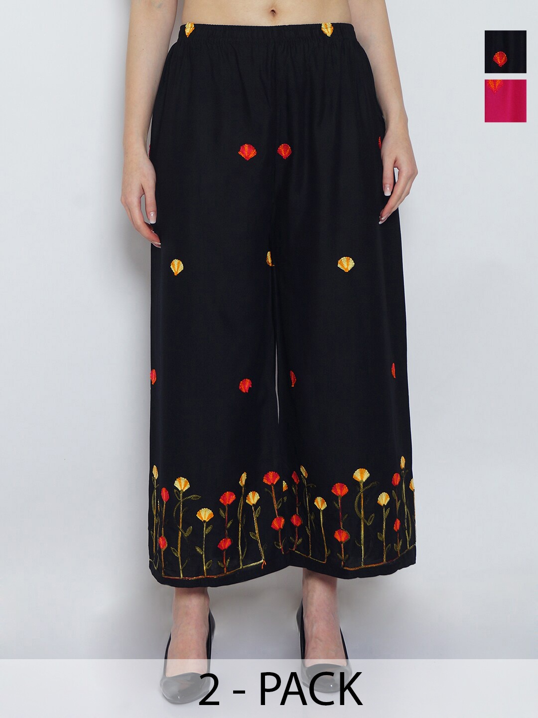 

GRACIT Pack Of 2 Floral Embroidered Flared Palazzos, Black