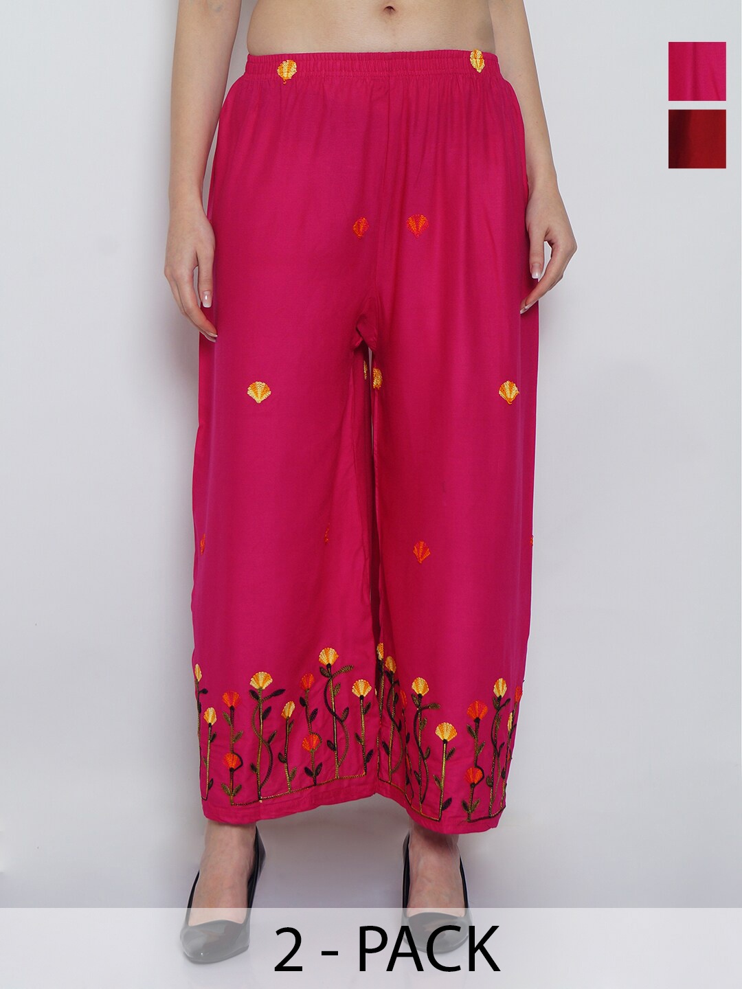 

GRACIT Pack Of 2 Floral Embroidered Flared Ethnic Palazzos, Pink