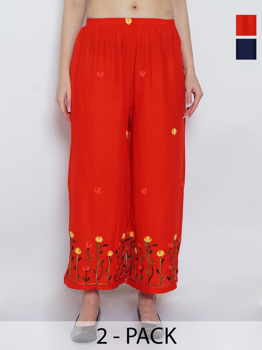 

GRACIT Pack of 2 Embroidered Flared Ethnic Palazzos, Red