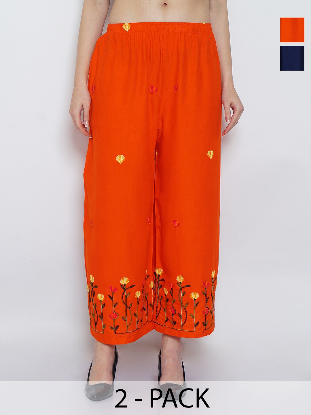 

GRACIT Pack Of 2 Floral Embroidered Flared Palazzos, Orange