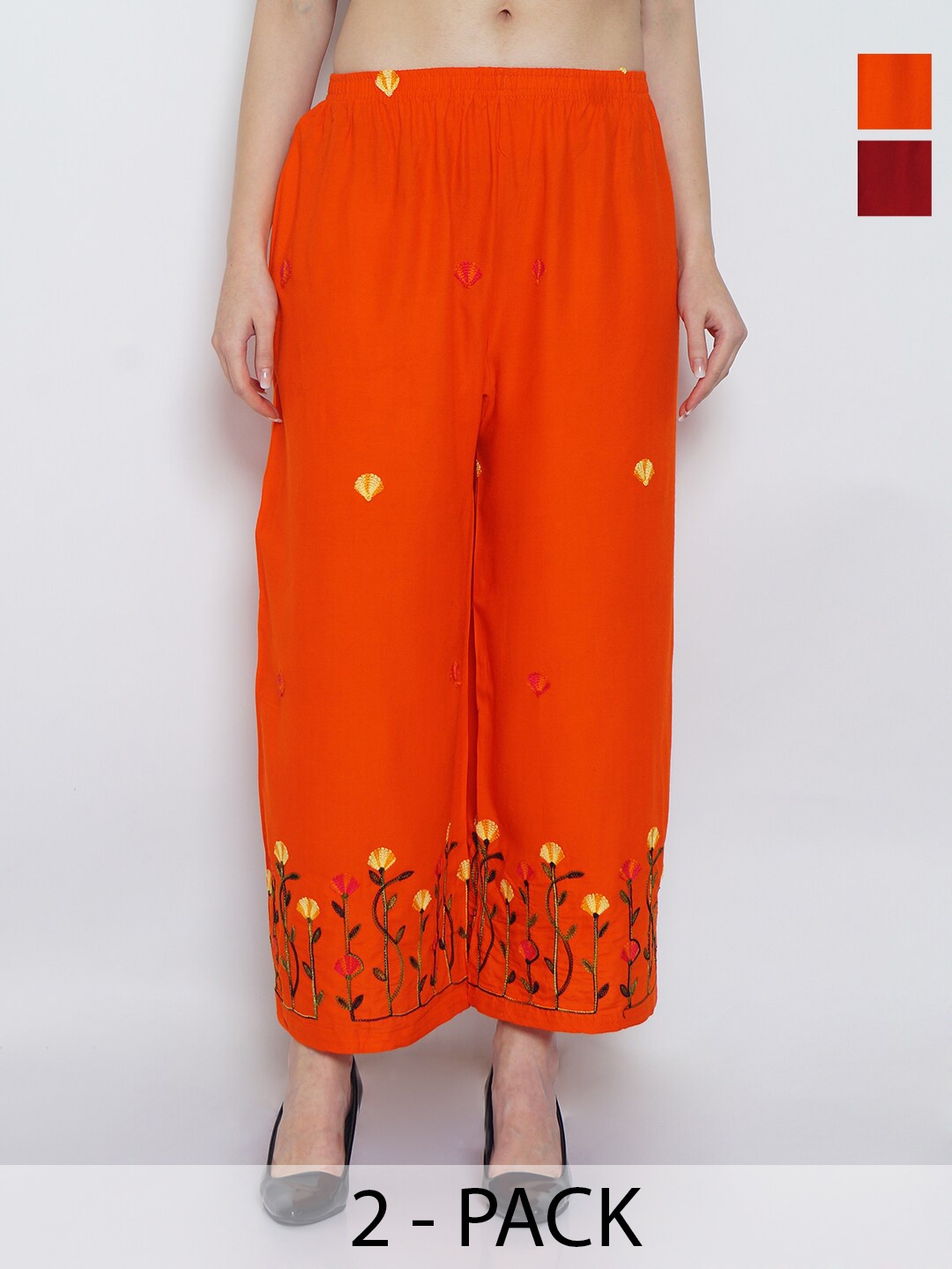 

GRACIT Pack Of 2 Floral Embroidered Flared Palazzos, Orange