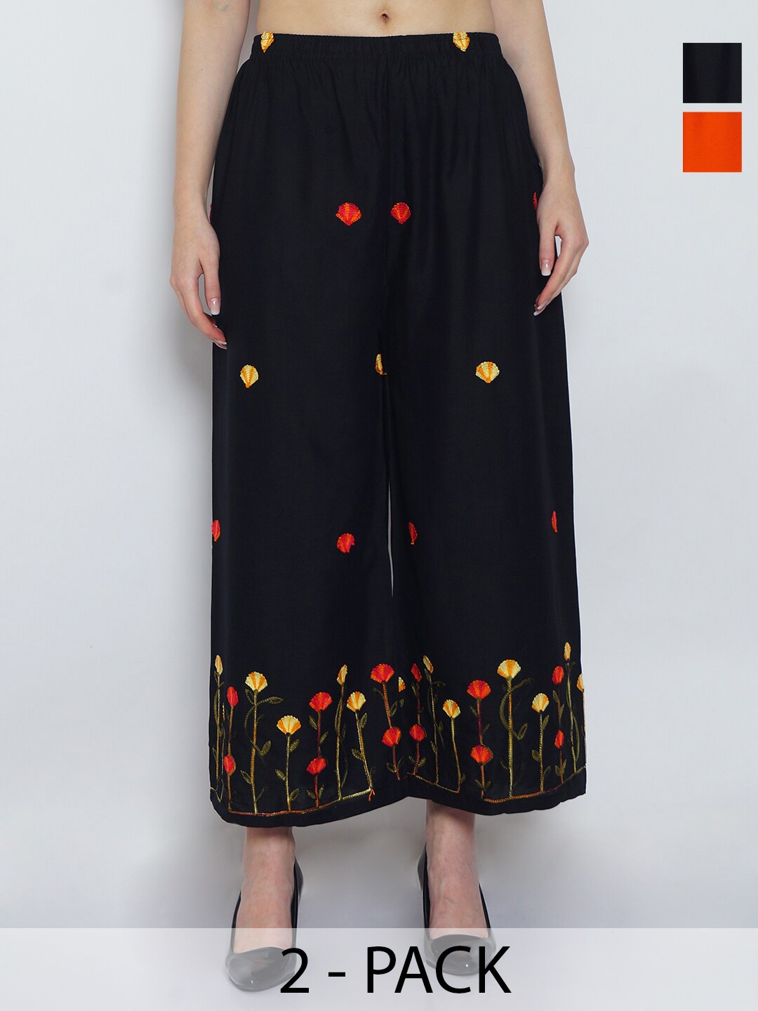 

GRACIT Pack Of 2 Floral Embroidered Flared Ethnic Palazzos, Black