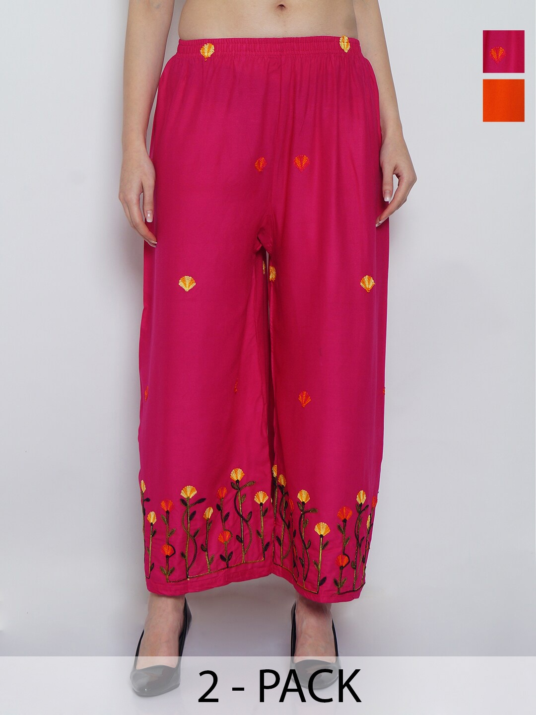 

GRACIT Pack of 2 Embroidered Flared Ethnic Palazzos, Pink
