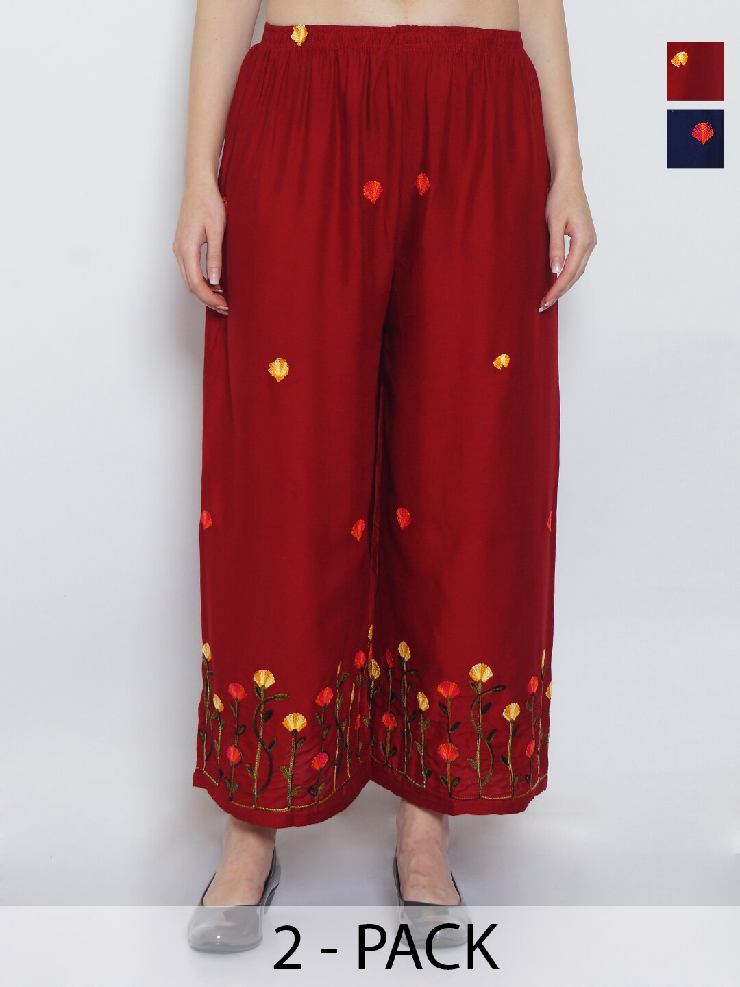 

GRACIT Pack of 2 Embroidered Flared Ethnic Palazzos, Maroon