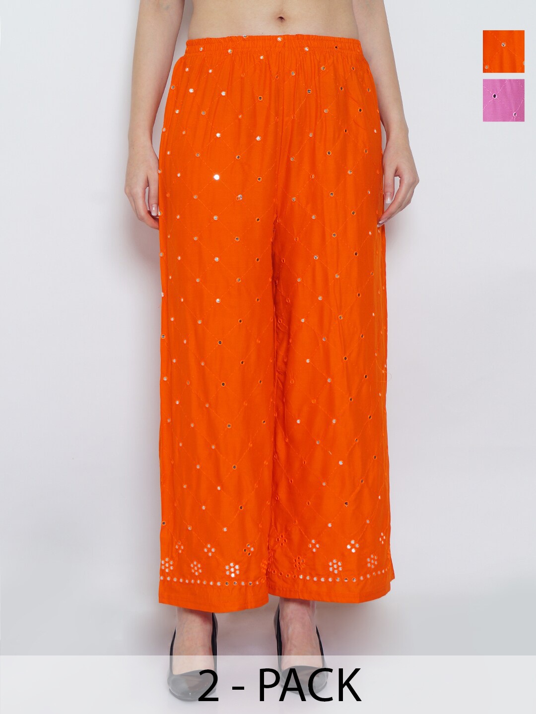 

GRACIT Pack Of 2 Floral Embroidered Flared Ethnic Palazzos, Orange