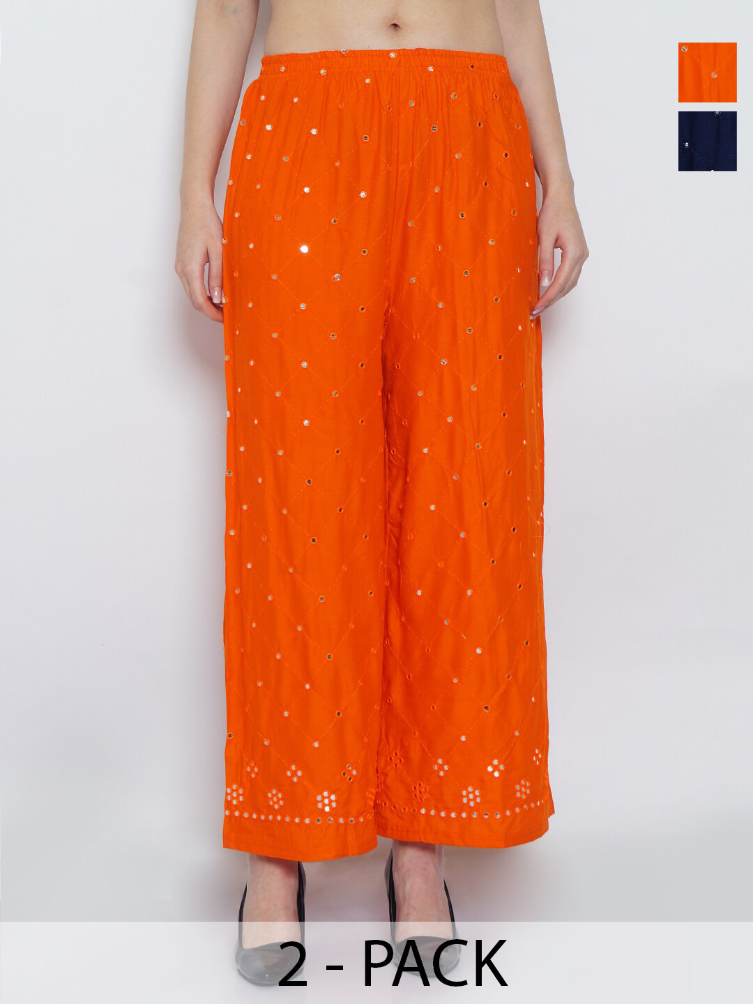 

GRACIT Pack of 2 Embroidered Flared Ethnic Palazzos, Orange