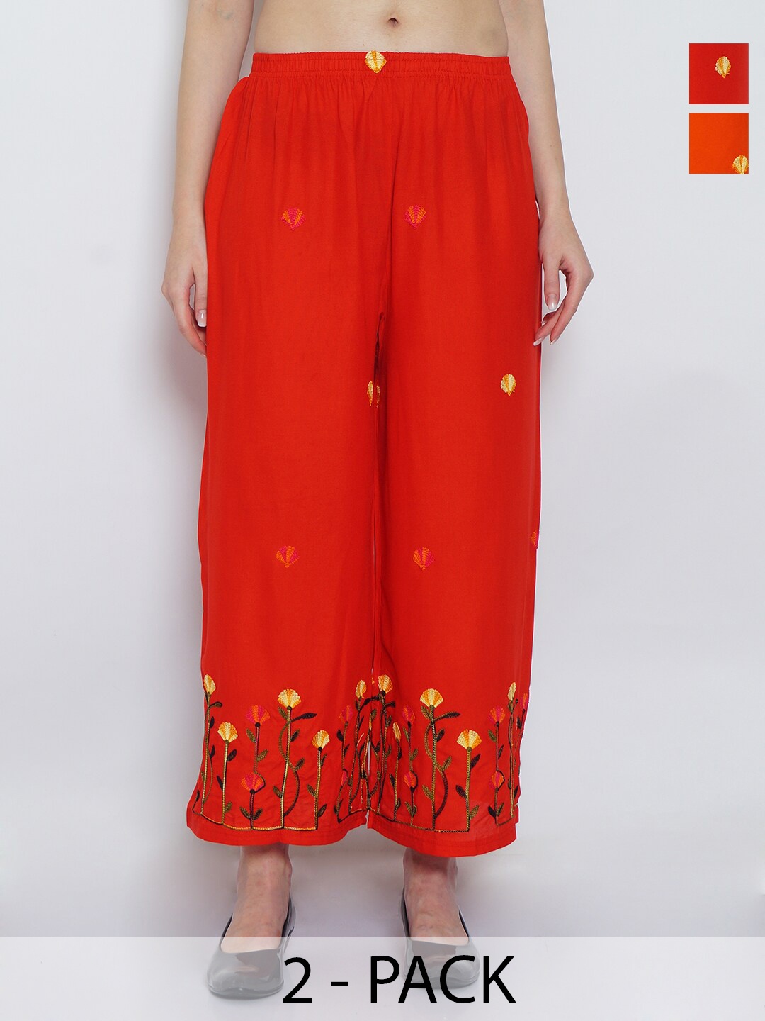 

GRACIT Pack Of 2 Floral Embroidered Flared Ethnic Palazzos, Red
