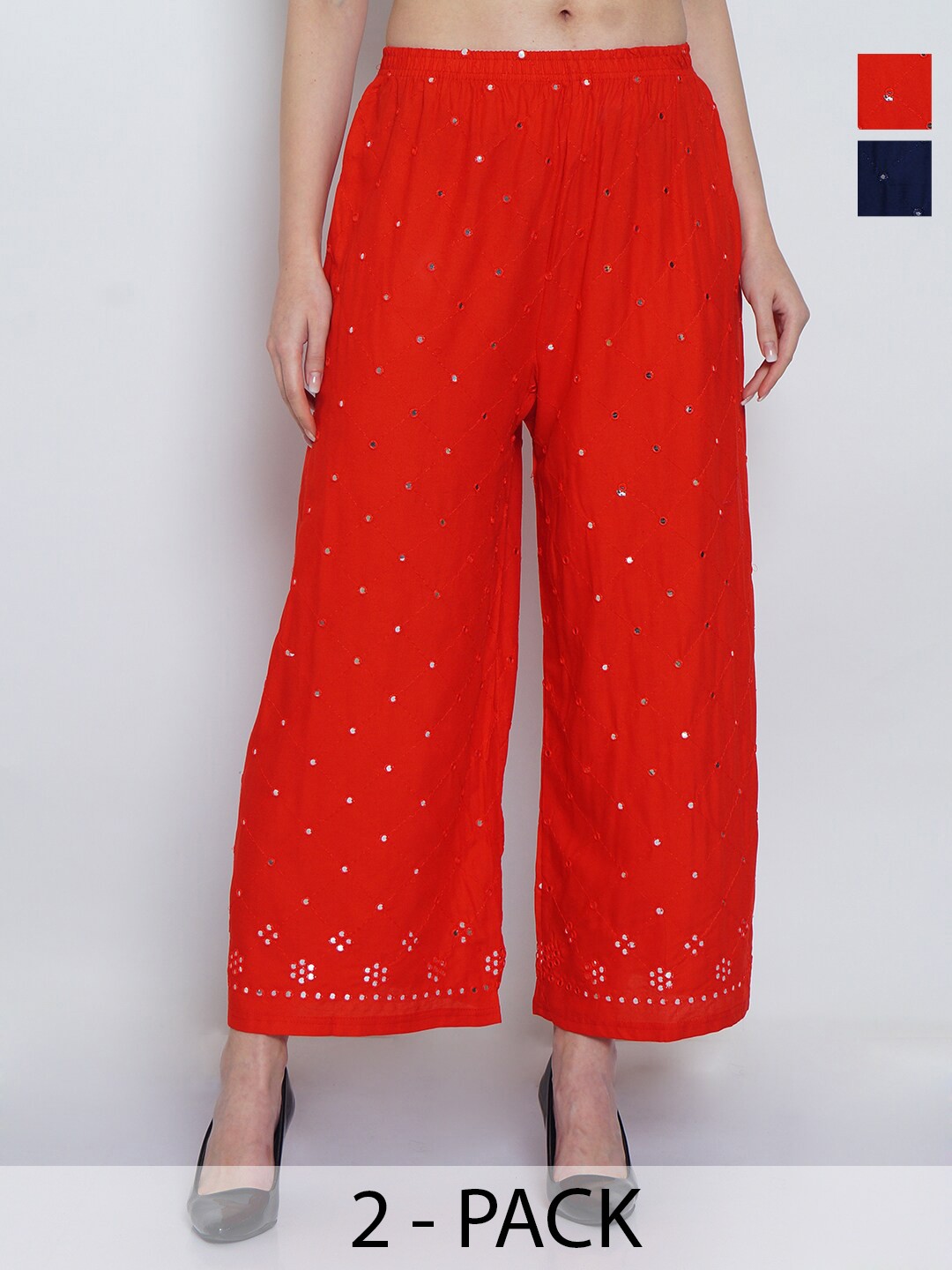 

GRACIT Pack Of 2 Embroidered Flared Ethnic Palazzos, Red