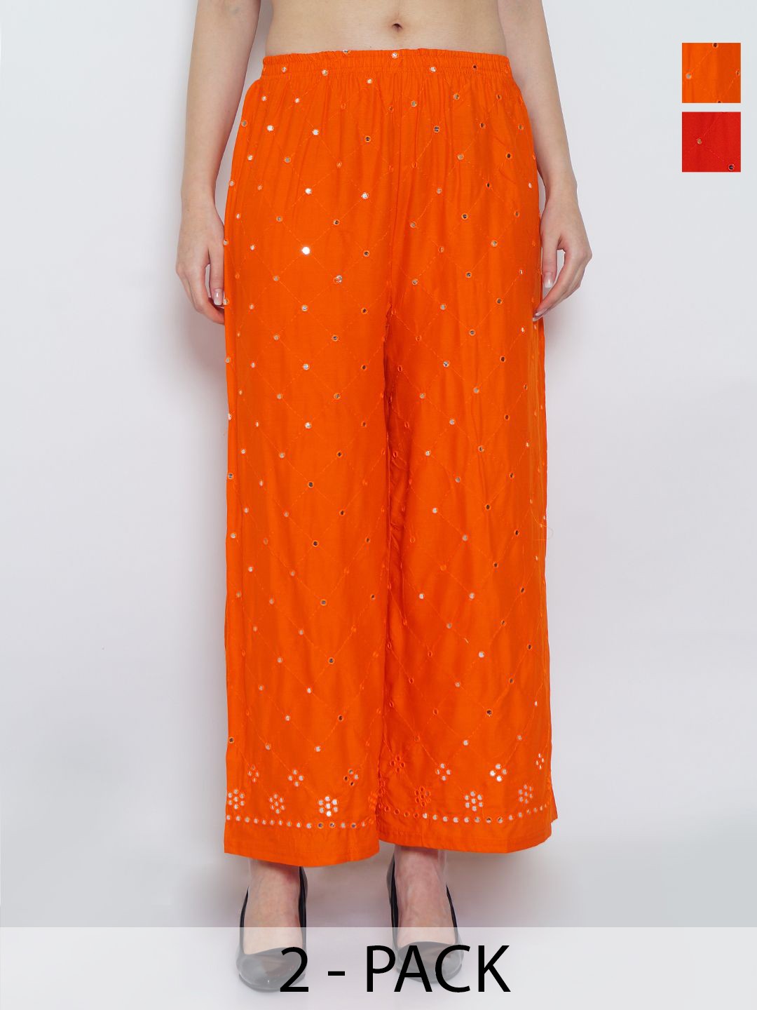 

GRACIT Pack of 2 Embroidered Flared Ethnic Palazzos, Red