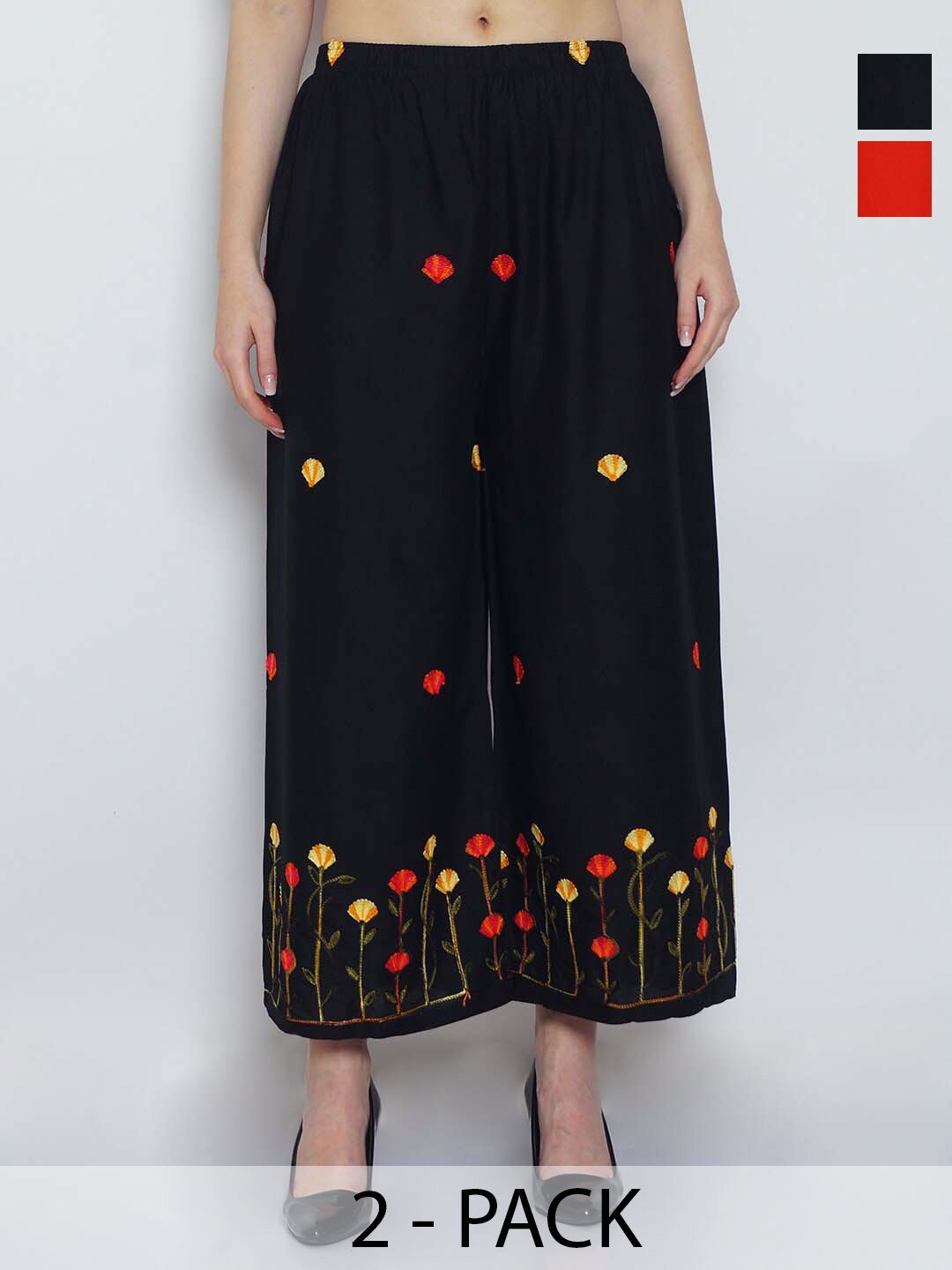 

GRACIT Pack Of 2 Floral Embroidered Flared Knitted Ethnic Palazzos, Black