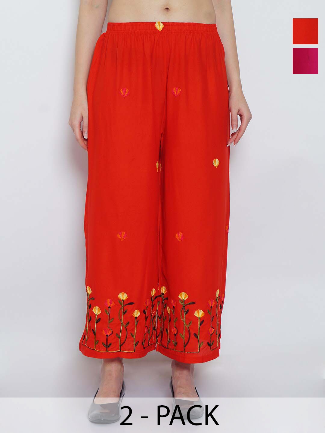 

GRACIT Pack Of 2 Floral Embroidered Flared Palazzos, Red