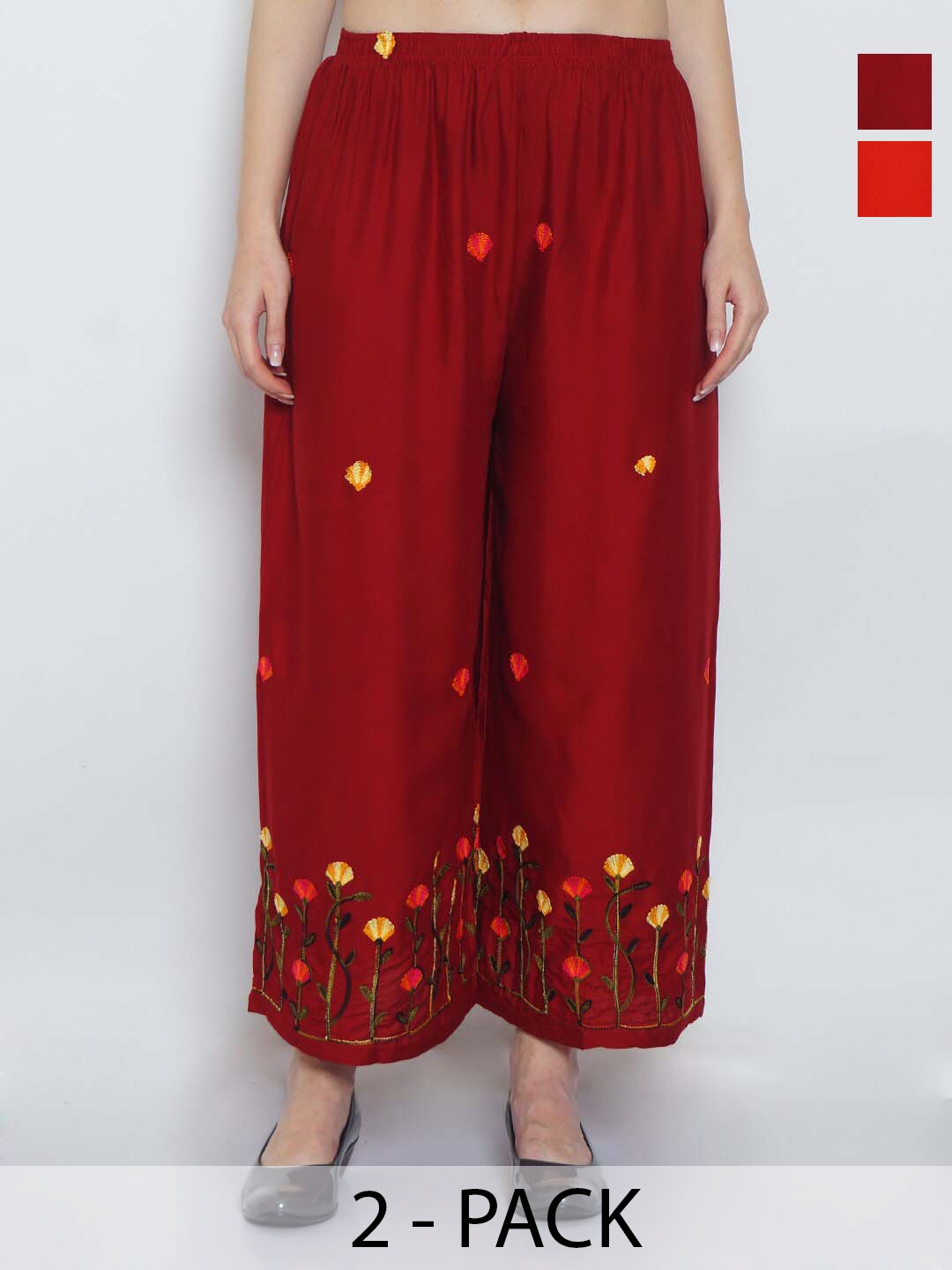 

GRACIT Pack Of 2 Floral Embroidered Flared Ethnic Palazzos, Maroon