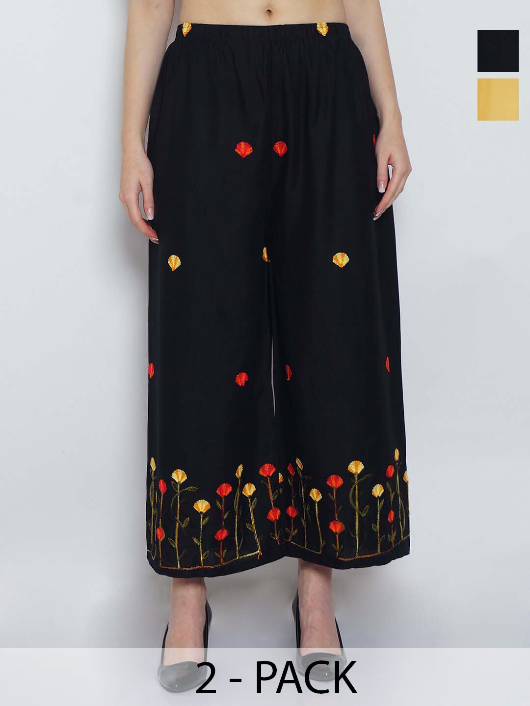 

GRACIT Pack Of 2 Floral Embroidered Flared Ethnic Palazzos, Black