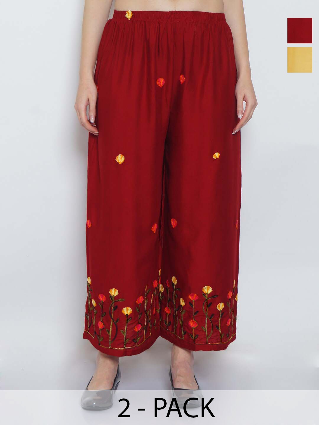 

GRACIT Pack Of 2 Floral Embroidered Flared Palazzos, Beige