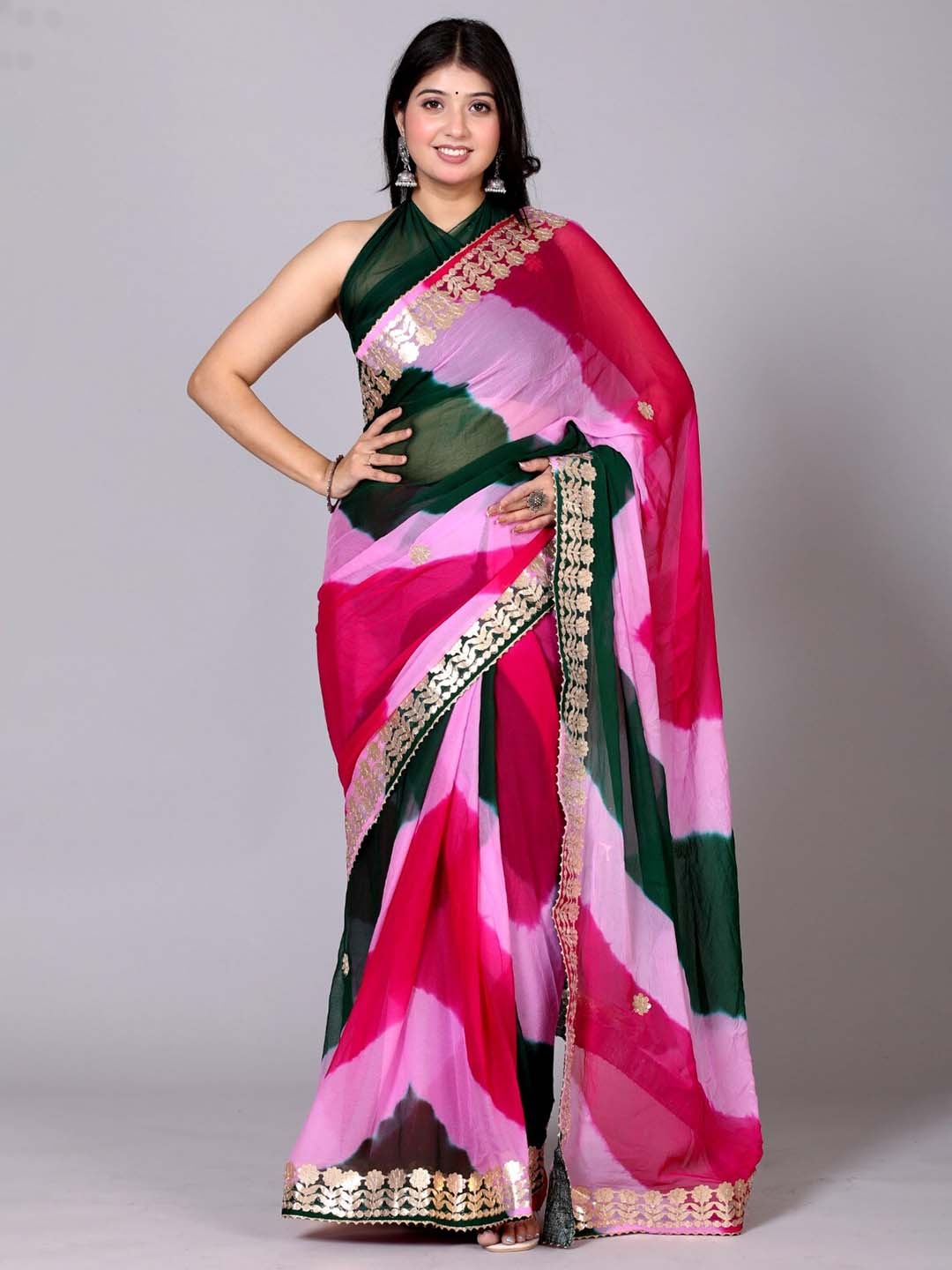 

VL SAREES Leheriya Gotta Patti Pure Chiffon Leheriya Saree, Pink