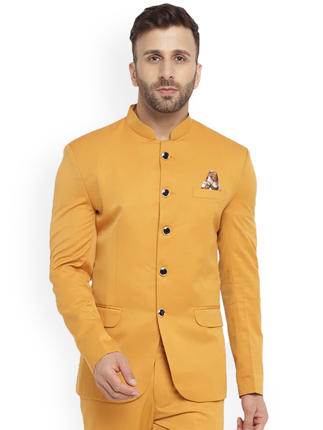 

REFULGENT Mandarin Collar Bandhgala Party Blazer, Mustard