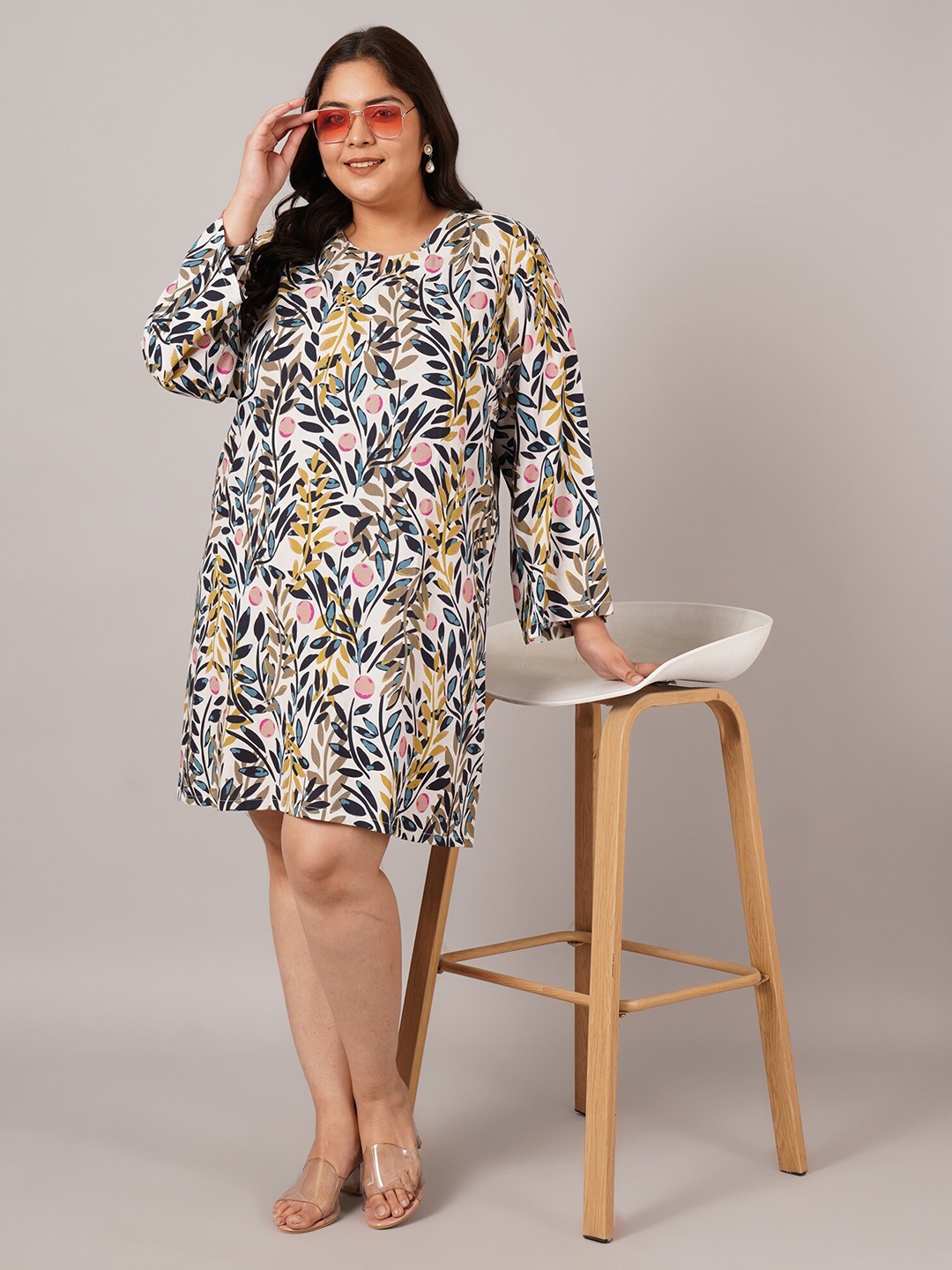 

VINAAN Floral Printed A-Line Plus Size Dress, Yellow