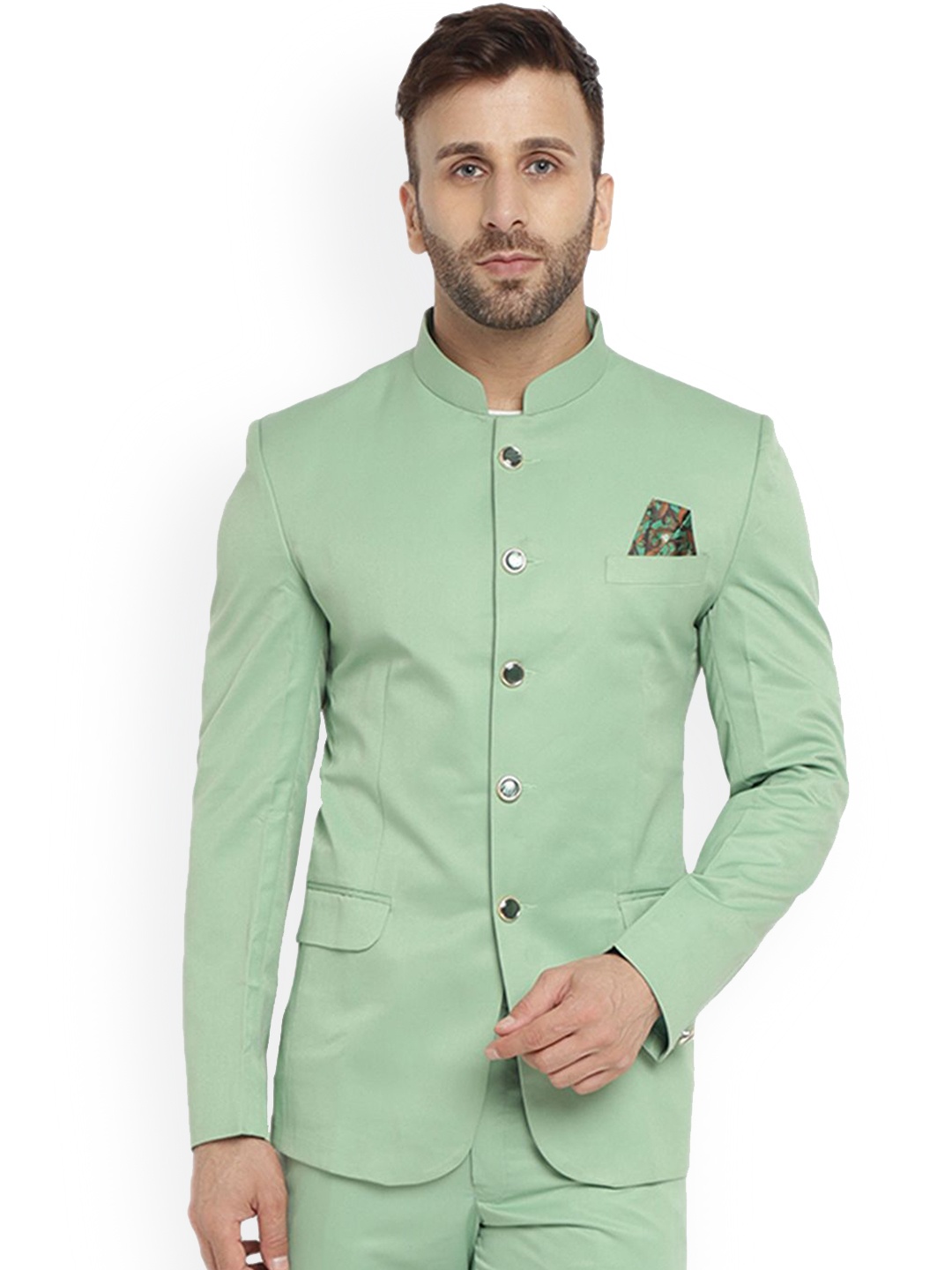 

REFULGENT Mandarin Collar Bandhgala Party Blazer, Green
