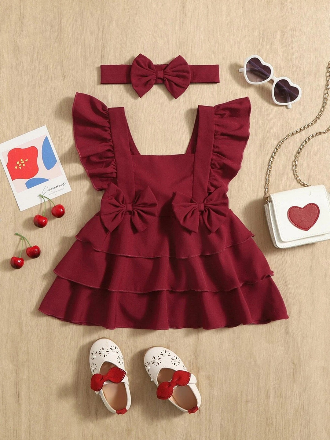

LYTIX Girls Square Neck Flutter Sleeves Layered Cotton Fit & Flare Dress, Maroon