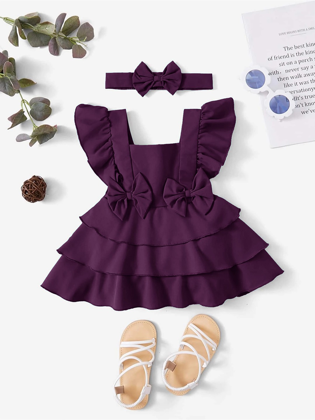 

LYTIX Girls Square Neck Flutter Sleeves Layered Cotton Fit & Flare Dress, Mauve