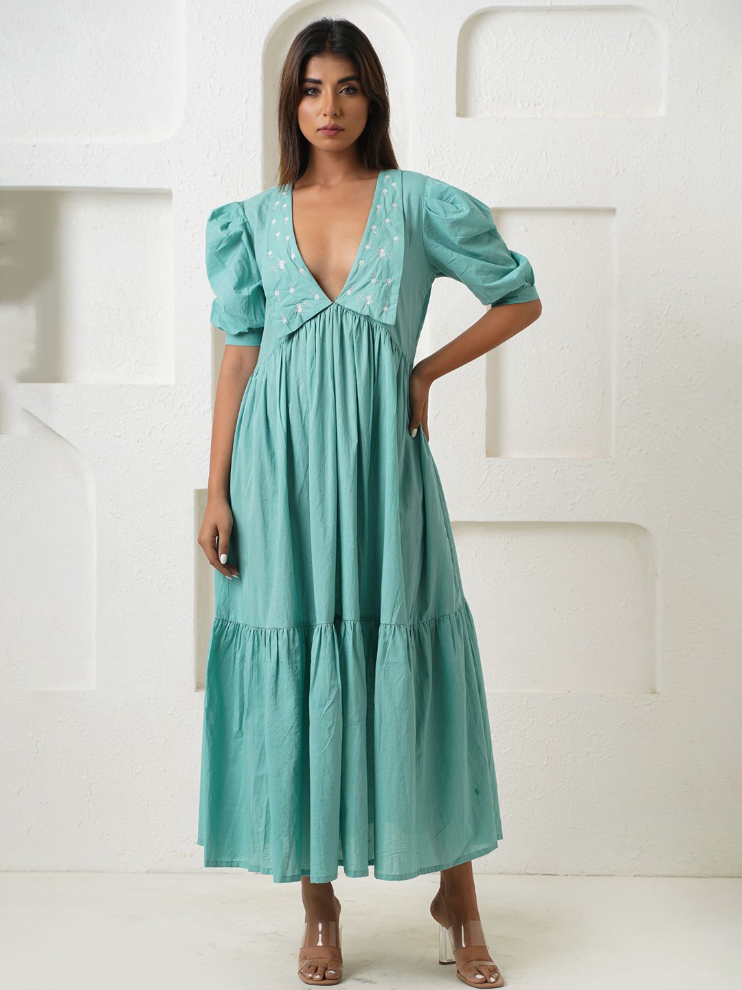 

Label Tamanna Rungta V Neck Short Puff Sleeves Organic Cotton Maxi Dress, Sea green