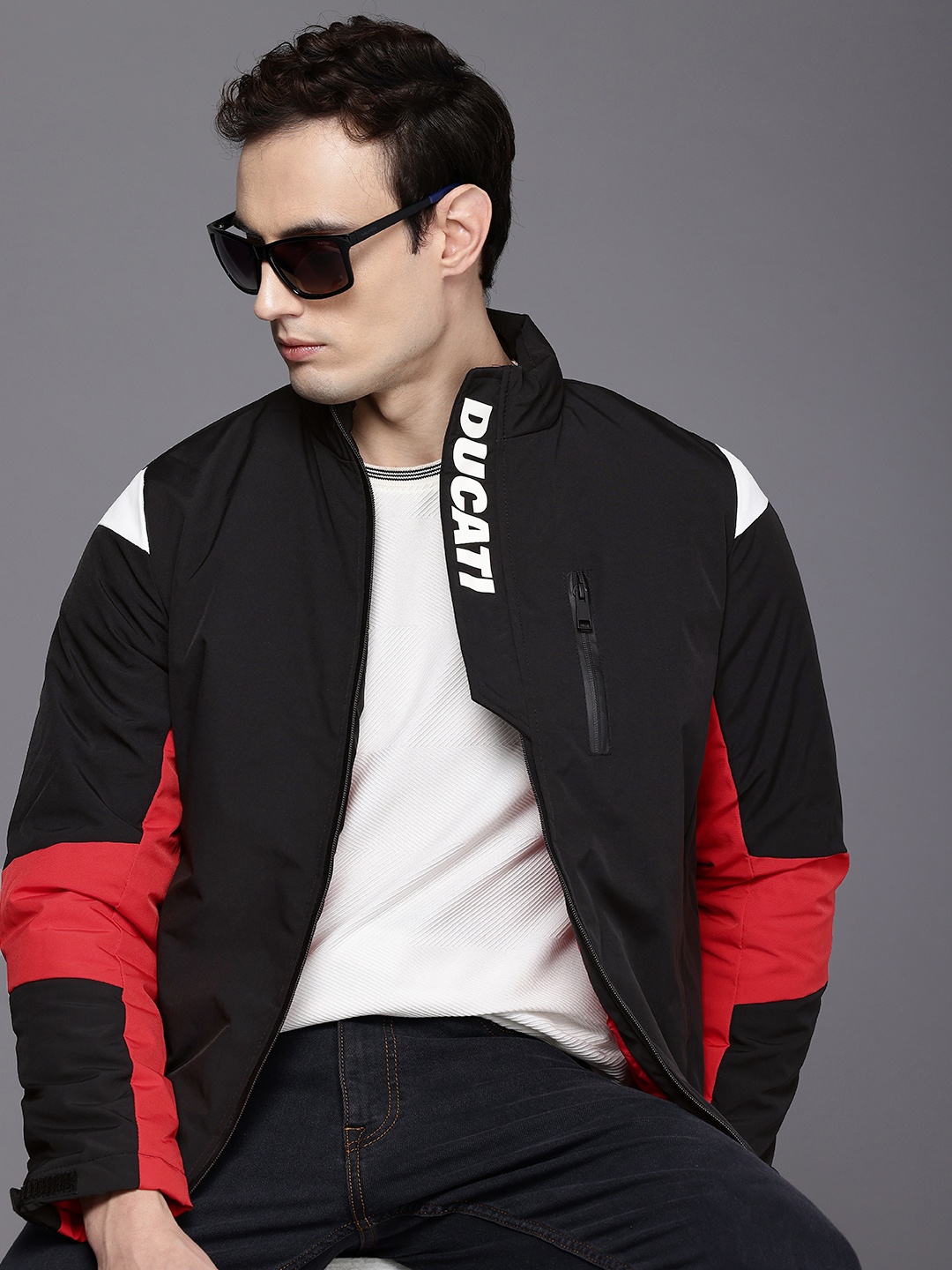 

Ducati Mock Collar Brand Logo Printed Padded Jacket, Black