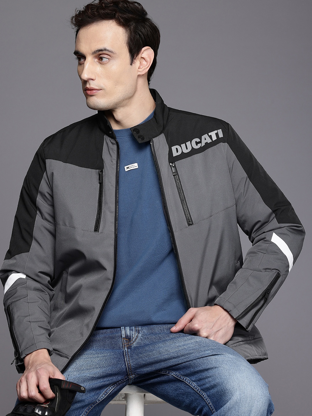 

Ducati Mock Collar Brand Logo Printed Colourblocked Padded Jacket, Black