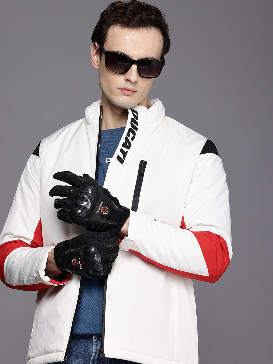 

Ducati Mock Collar Brand Logo Printed Padded Jacket, White
