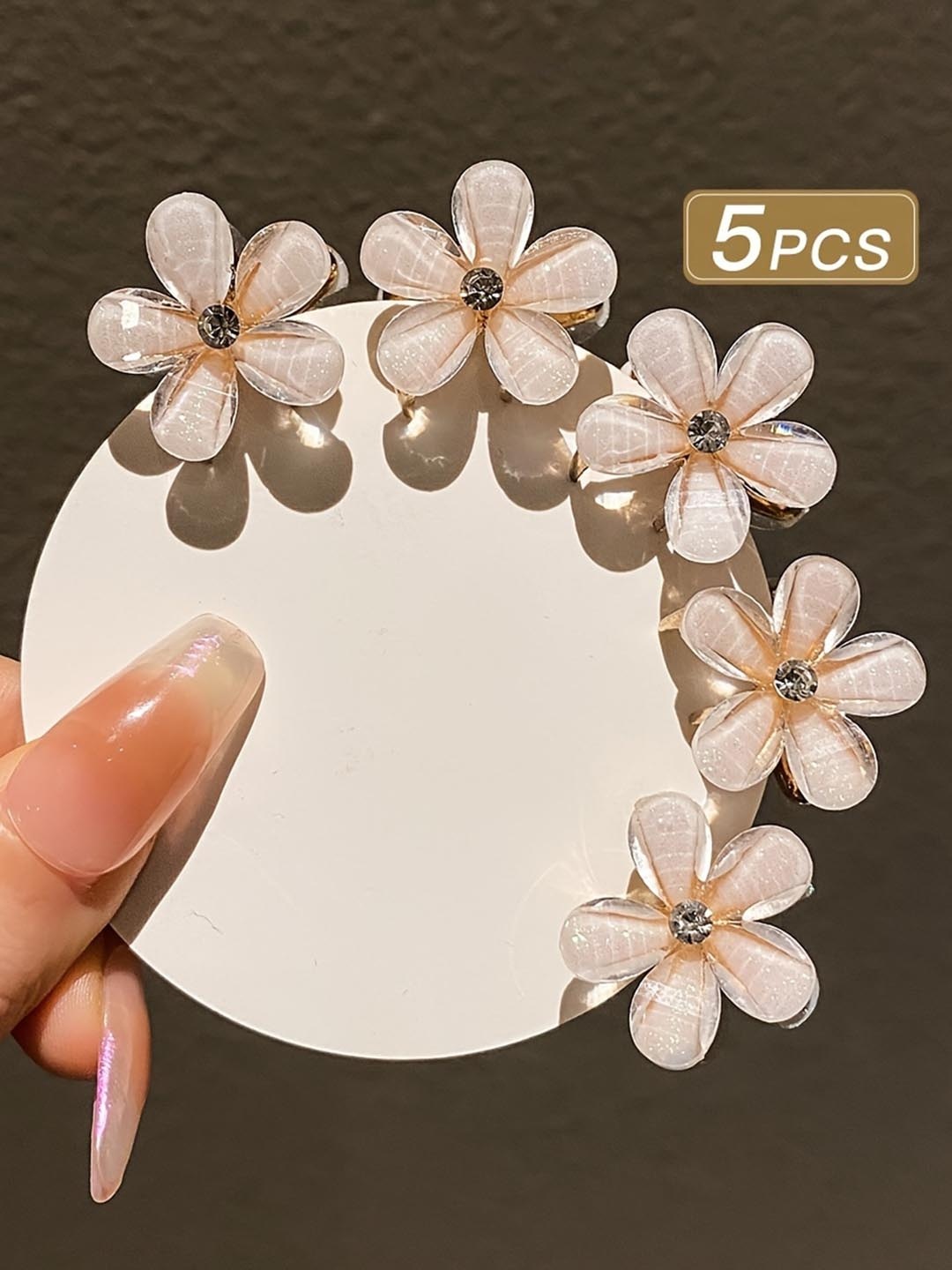 

CHRONEX Set of 5 Rhinestones Flowers Mini Hair Claw, White