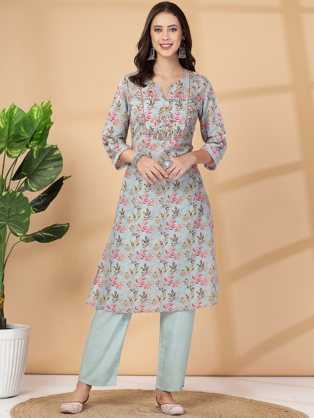 

Nayam By Lakshita Floral Printed Regular Kurta with Trousers, Blue